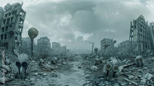 Global Dystopia, Pollution Masks, Desperate survivors in a ruined city, 3D render, Overcast, HDR, Fish-eye lens view photo