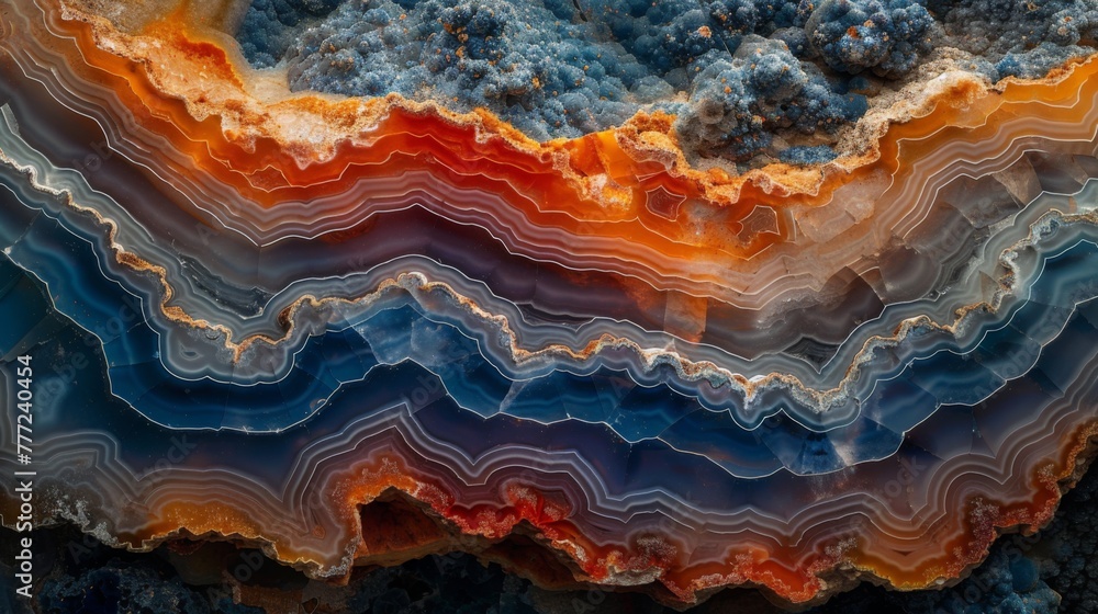 Close-up of a colorful agate rock displaying its natural gradient and intricate patterns, showcasing the beauty of geological formations. Close-up of a colorful agate rock displaying its natural gradient and intricate patterns, showcasing the beauty of geological formations.