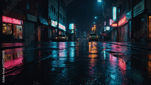 Rainy urban street at night, neon signs reflecting off wet pavement, creating an atmospheric scene.