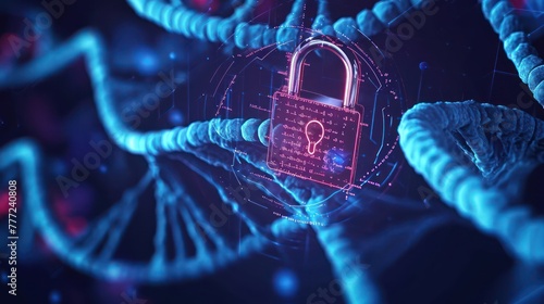 representation of medical genetics with binary code elements, encryption patterns, and a central padlock, conveying the essential role of data protection in genetic research