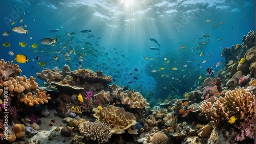 Colorful coral reef teeming with marine life