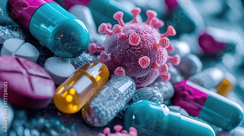 representation of virus strains and pharmaceutical capsules, conveying the ongoing research and development in medicine photo
