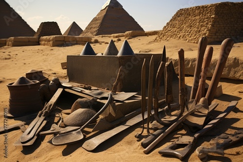 Archaeological tools with the pyramids in the background. photo