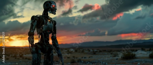Robot, sleek frame, adaptive AI, wandering a post-apocalyptic wasteland, stormy weather, photography, backlighting, High-angle view