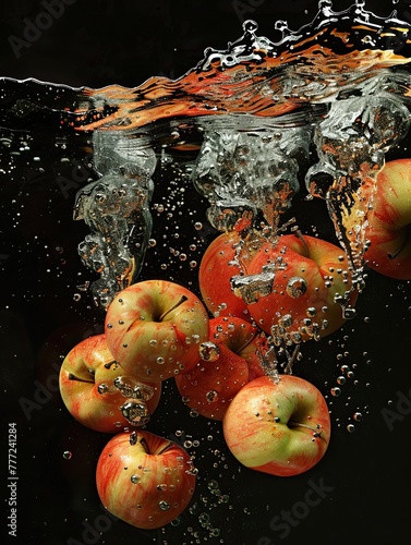 Crisp apples caught in a beautiful underwater dance, surrounded by a ballet of air bubbles against a dark backdrop..