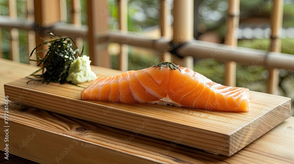 Vibrant salmon fillets ready for cooking or sushi, accompanied by a dab of wasabi on a rustic wooden table..