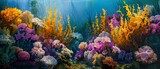 Undersea garden of vibrant seaweed and coral flowers, a hidden gem of the ocean, teeming with colorful marine life