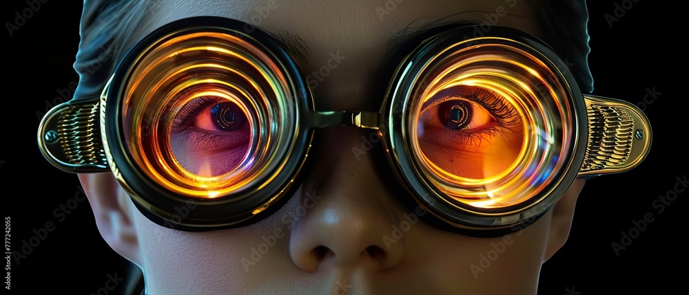 Visionary Eyewear, Abstract Art Goggles, turning the ordinary into extraordinary, blending reality with imagination, realistic image, Golden Hour lighting, Vignette effect, Frontal view