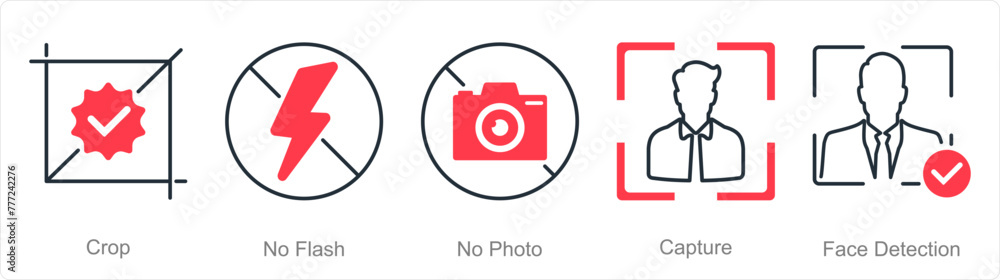 A set of 5 Photography icons as crop, no flash, no photo A set of 5 Photography icons as crop, no flash, no photo