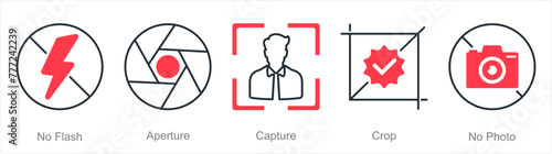 A set of 5 Photography icons as no flash, aperture, capture