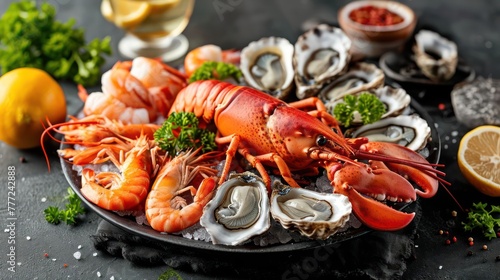 sophisticated seafood platter, featuring lobster, oysters, and shrimp with attention to intricate details