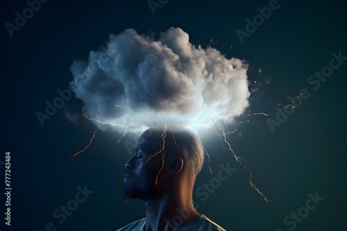 Man with dark clouded mind with bright flashes of lightning and thunder, his head in a cloud of smoke. Drunk blurred brain thinking, unhealthy, drunk, woozy.  photo
