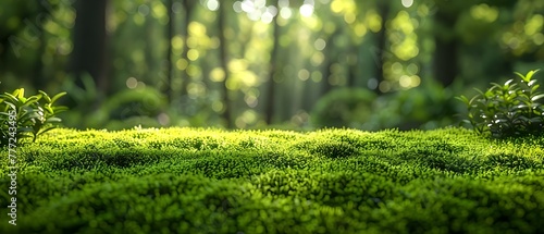 A groundlevel view of a lush miniature world with bright green moss. Concept Miniature World, Ground-level View, Lush Moss, Bright Green, Nature Photography