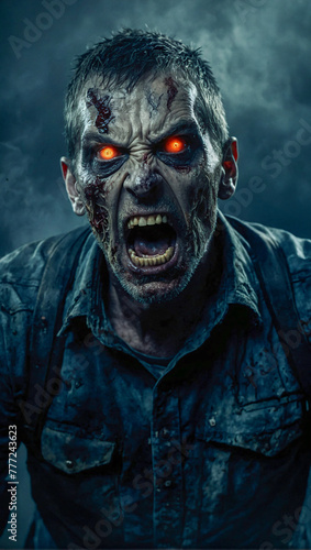 scary angry male zombie with glowing eyes on a dark and misty background © The A.I Studio
