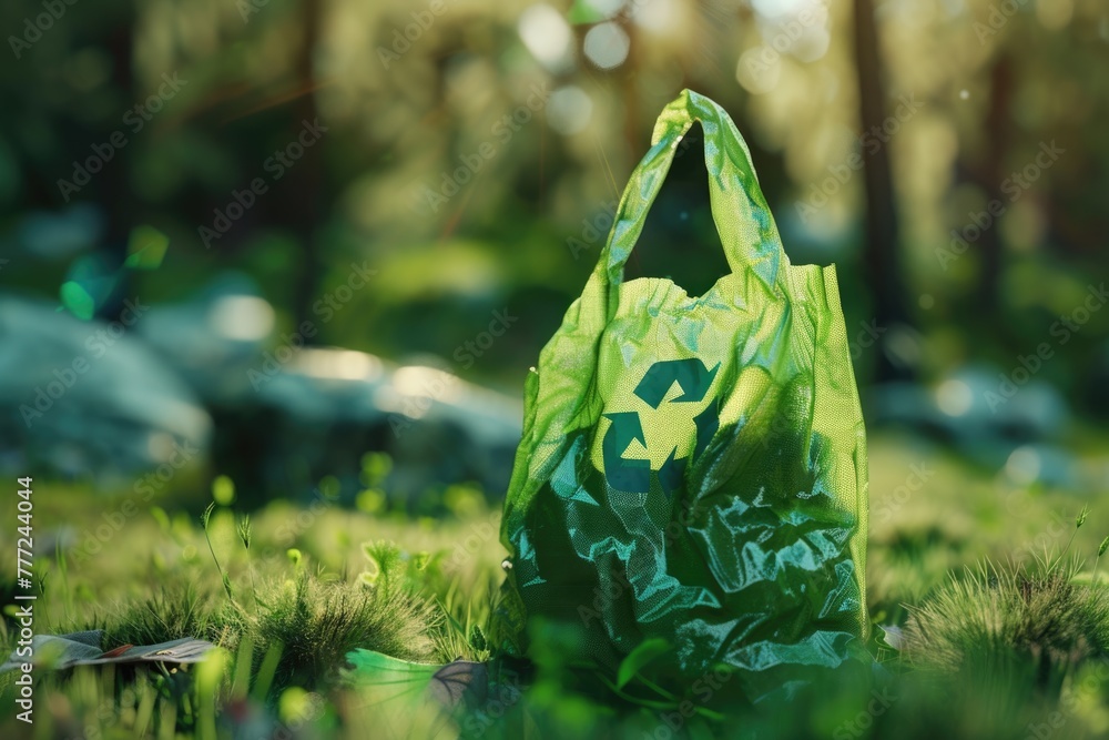 Reduce reuse recycle campaign banner with green plastic bag Stock Photo ...