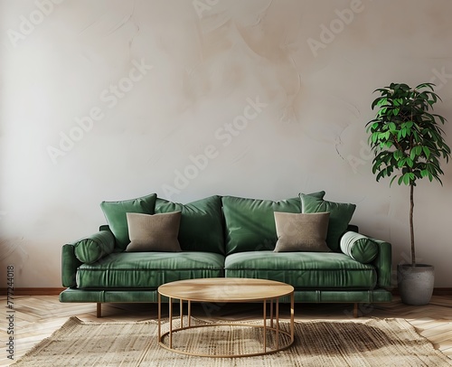 Modern interior design of green living room with sofa and coffee table on empty wall background, mock up, template for artwork, poster or presentation, front view