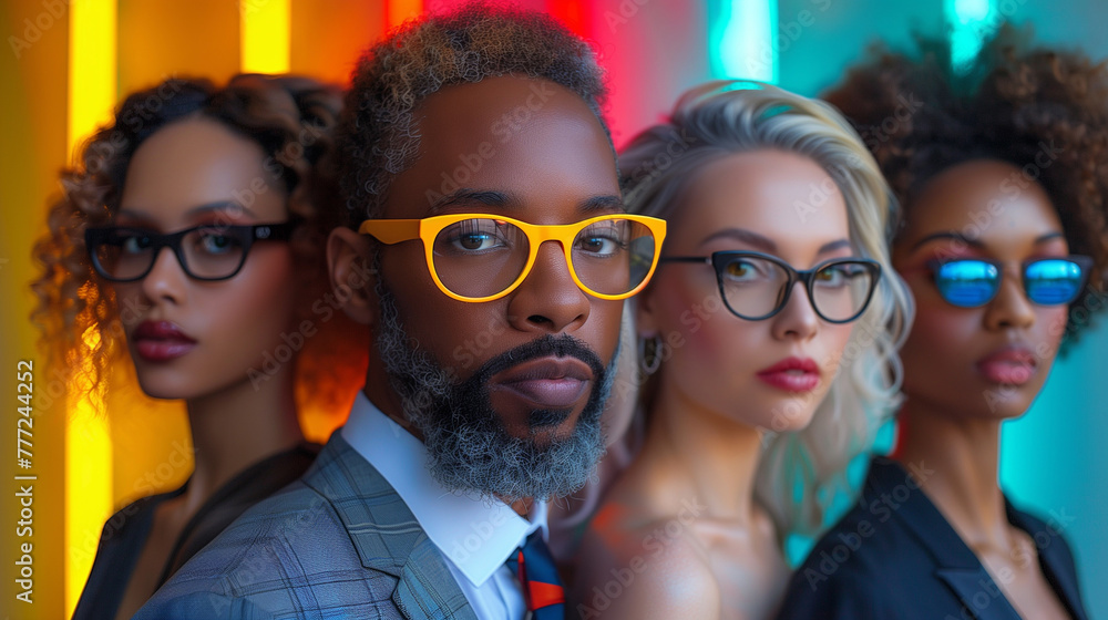 Cropped portraits of group of business people on multicolored background in neon light. Cropped portraits of group of business people on multicolored background in neon light.