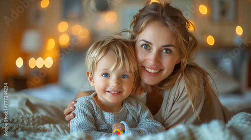 Mom and Little boy painting with colors on bright blur home background  creative children concept  with copy space.