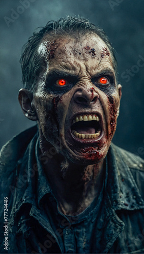 scary angry male zombie with glowing eyes on a dark and misty background