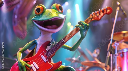 At a lively concert, the cartoon frog rocks out with a guitar, strumming to the beat of the music as fans cheer in the background. photo
