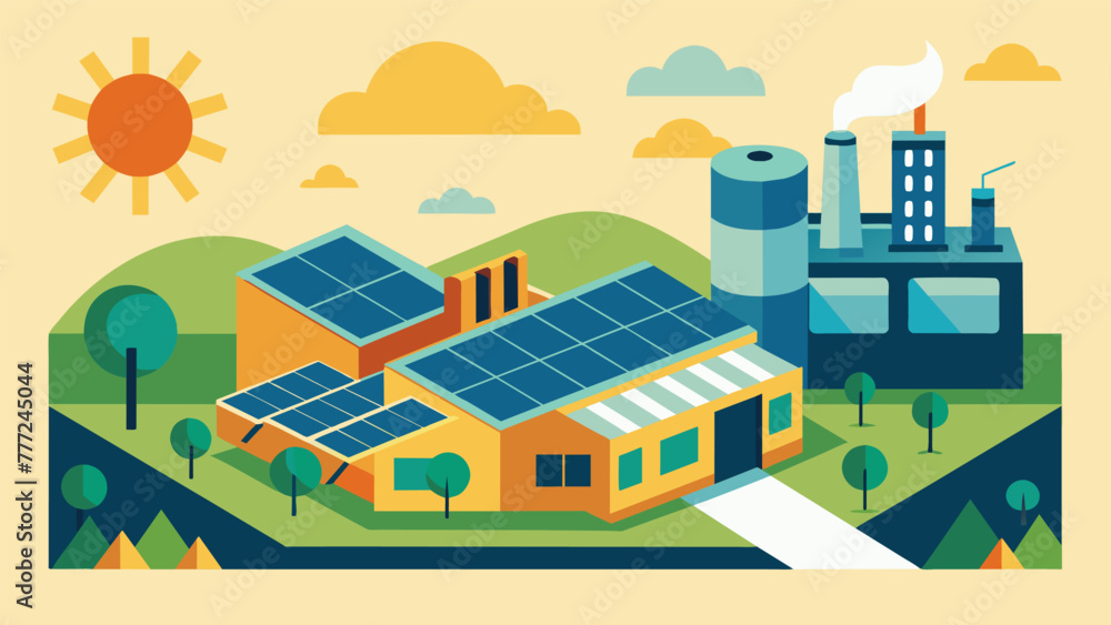 An aerial view of a factory with a large solar panel array accompanied by the phrase embracing renewable energy sources to reduce greenhouse An aerial view of a factory with a large solar panel array accompanied by the phrase embracing renewable energy sources to reduce greenhouse