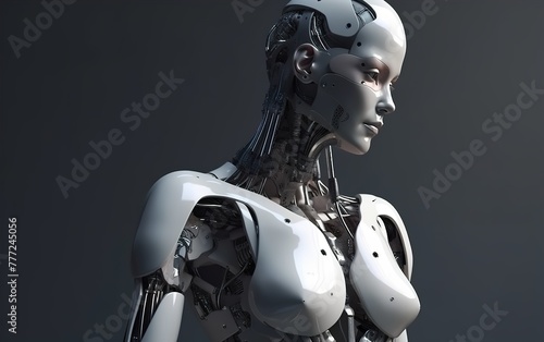Portrait of robot woman close-up with real face cyber-girl with white body and a metal glowing mechanism in her neck.