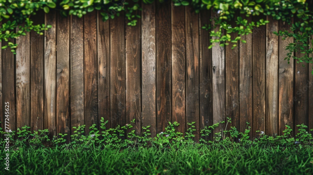 Fresh spring green grass and leaf plant over wood fence background Fresh spring green grass and leaf plant over wood fence background