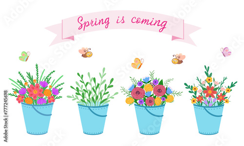 bucket set with flowers , spring is coming. Vector Illustration for printing, backgrounds, covers and packaging. Image can be used for cards, posters and stickers. Isolated on white background.