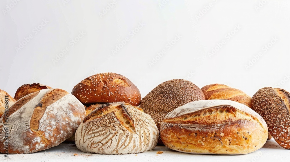 A serene scene of freshly baked artisanal bread loaves, crusty on the outside and soft on the inside, arranged against a clean white background, evoking feelings of simplicity and wholesomeness.