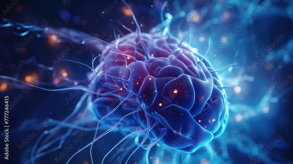 3 human brain with glowing neurons cell. Neuron cells building a neural connection network. Healthcare and medicine, Science and technology concept. 3 human brain with glowing neurons cell. Neuron cells building a neural connection network. Healthcare and medicine, Science and technology concept.