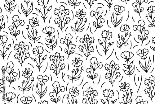 Outline seamless floral pattern with hand drawn flowers. Line art seamless black and white floral pattern. Endless repeating minimalistic abstract design.