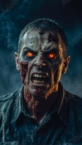 scary angry male zombie with glowing eyes on a dark and misty background