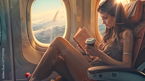 A woman sitting on an aircraft traveling while drinking coffee and reading a good book  photo