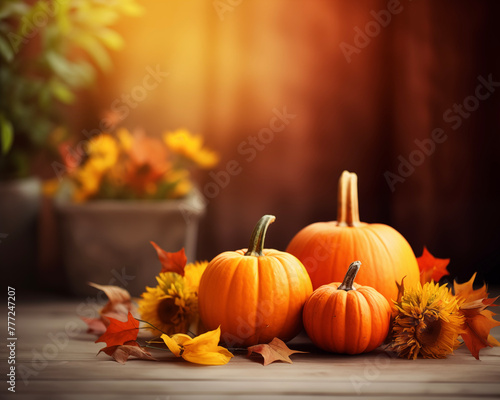 Happy Thanksgiving day traditional backdrop. Pumpkins and flowers background. Celebrating autumn holidays.