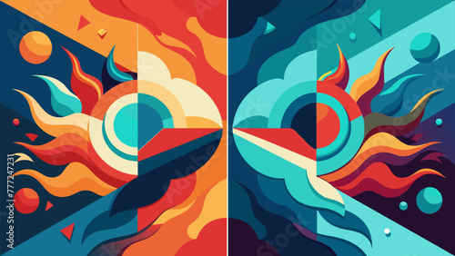 An abstract digital artwork with two versions one with bright vibrant colors and the other with muted desaturated tones highlighting the