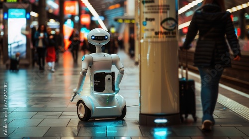 A robot guiding passengers through a busy train station, providing directions. © Ambreen