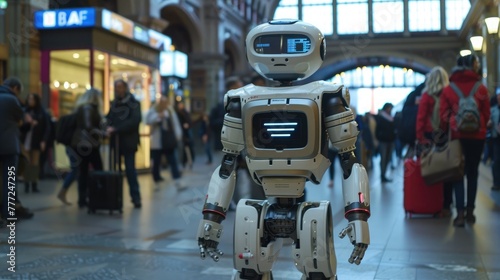 A robot guiding passengers through a busy train station, providing directions.