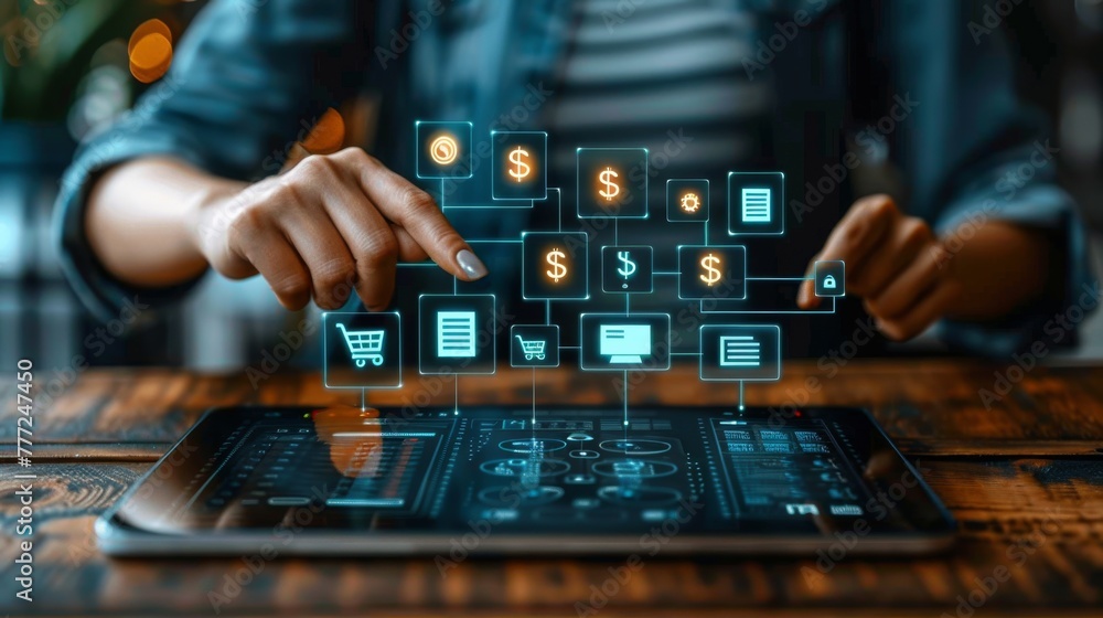 Person Touching Tablet With Icons Emerging Person Touching Tablet With Icons Emerging