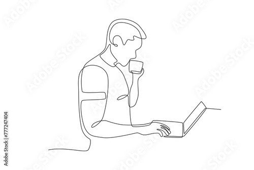 The man drinking coffee is about to start working.Working from home one-line drawing