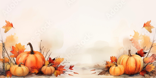 Happy Thanksgiving day traditional backdrop. Pumpkins and flowers background. Celebrating autumn holidays.
