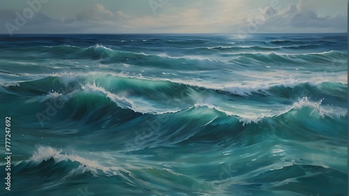  A dreamy seascape rendered in shades of turquoise and cerulean, with sinuous wavy lines echoing the gentle rhythm of ocean waves lapping against the shore in the abstract background. - photo