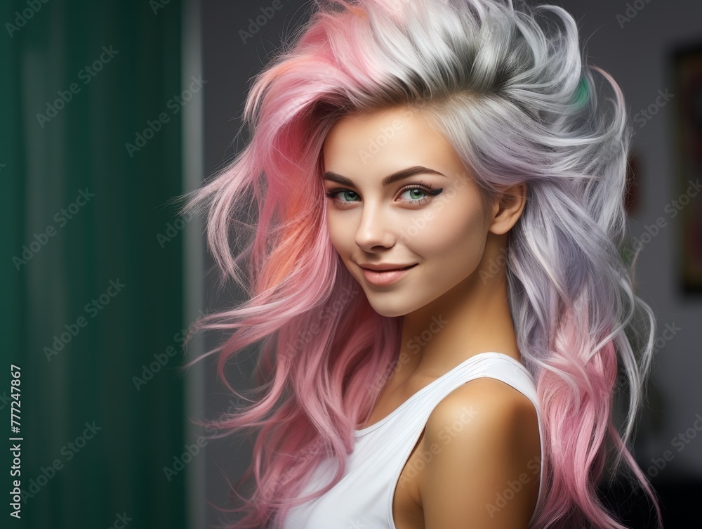 Fototapeta premium A woman with color hair and a color jacket