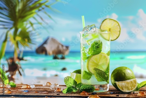 Mojito drink on wood with blur beach background. generative ai.