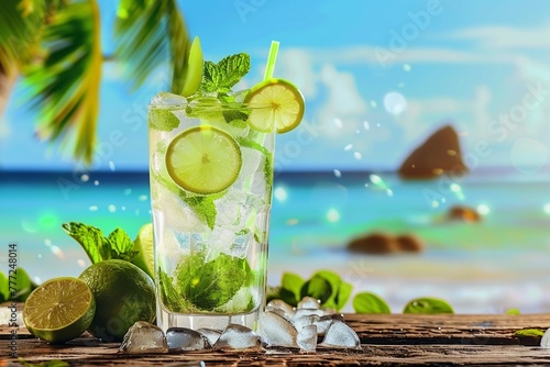 Mojito drink on wood with blur beach background. generative ai.