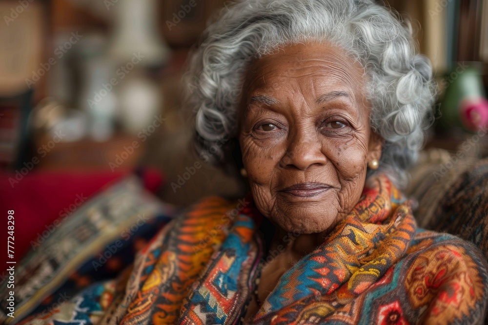 Vivid portrait of an aged woman with a warm smile, showing the texture of her life's experiences Vivid portrait of an aged woman with a warm smile, showing the texture of her life's experiences