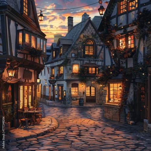 A charming European village square, with cobblestone streets and twinkling lights creating a cozy, inviting ambiance for evening strolls.