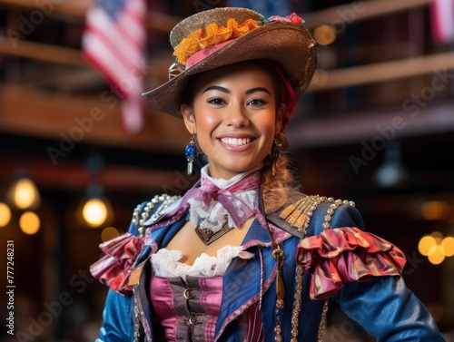 A woman in a pirate costume is smiling for the camera