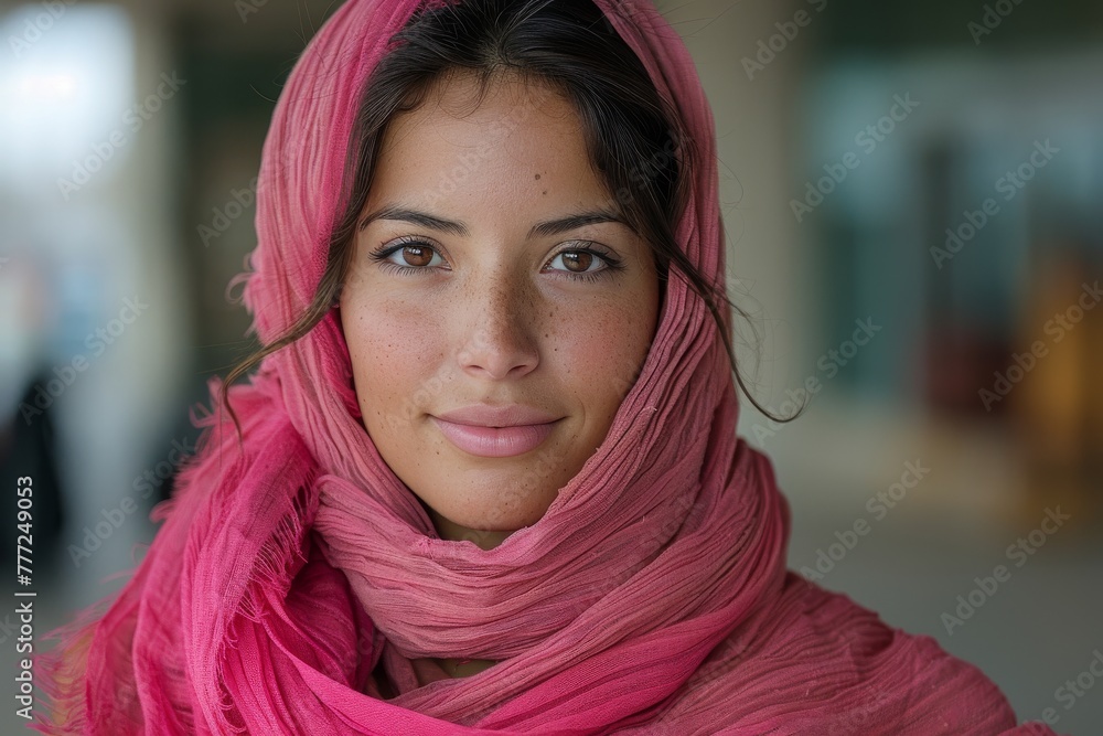 This image captures the radiant smile of a woman, wrapped in a pink scarf, embodying grace and beauty This image captures the radiant smile of a woman, wrapped in a pink scarf, embodying grace and beauty