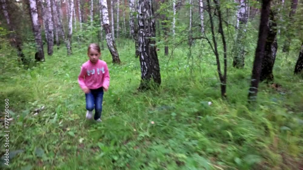 girl running through the forest, happy childhood, walking through the forest, searching for mushrooms, children's game, girl running through the forest, happy childhood, walking through the forest, searching for mushrooms, children's game,