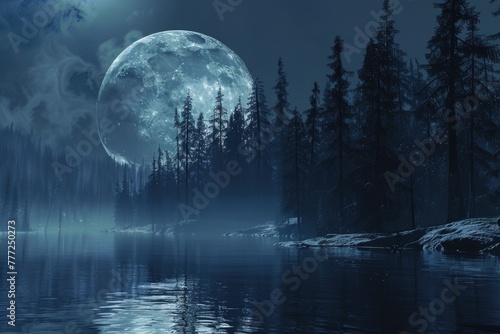 Futuristic dark forest with moonlight  smoke  and snow. © darshika
